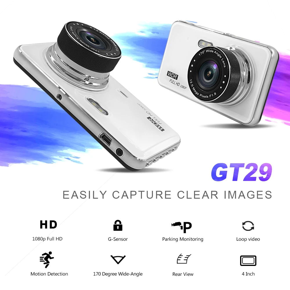 Автомобильный видеорегистратор FHD 1080P с 4 дюймовым IPS экраном и задней камерой