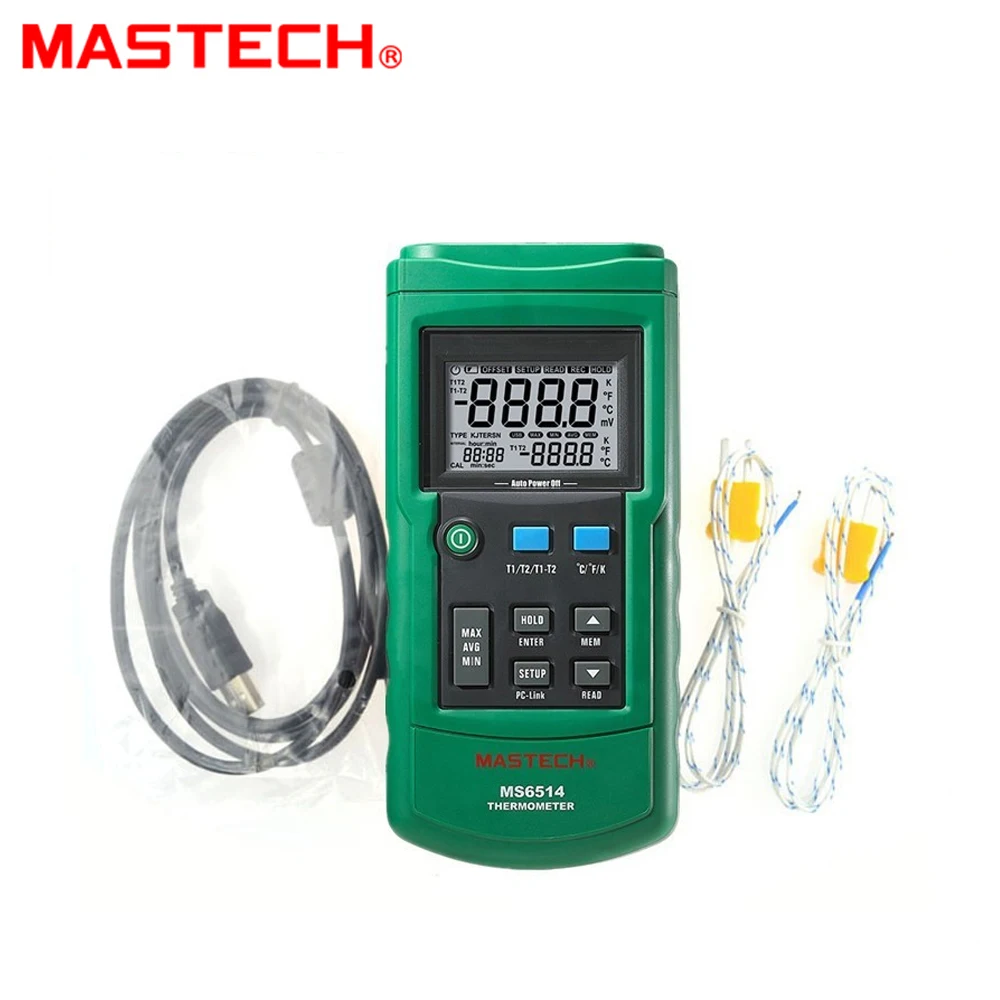 

MASTECH MS6514 Dual Channel Digital Thermometer Temperature Logger Tester USB Interface 1000 Sets Data KJTERSN Thermocouple