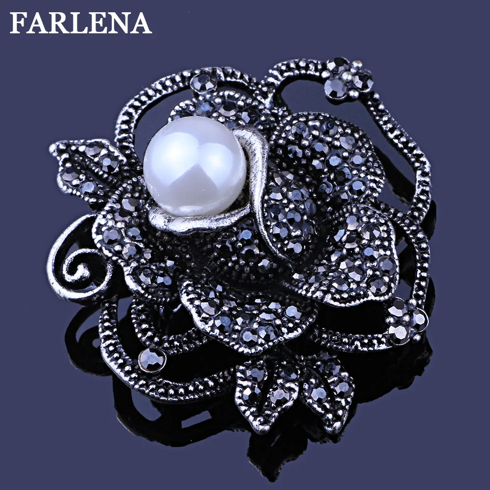 

FARLENA Jewelry Retro Style Black Crystal Rhinestones Brooches for Women Suit Accessory Simulated Pearl Rose shape Brooch Pin
