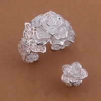 selling wedding jewelry charm exquisite hollow large flower bracelets ring fashion silver color jewelry set s449