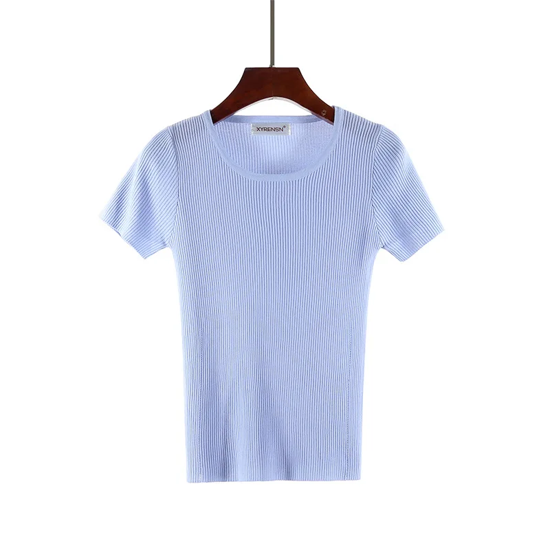 Summer new sweater shirt women's round neck short-sleeved solid color wild Slim Korean version of the simple | Женская одежда