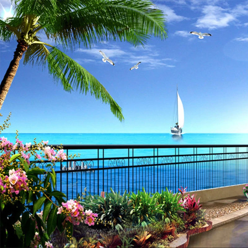 Фотообои на заказ 3D стерео Приморский Пейзаж балкон роспись гостиной столовой