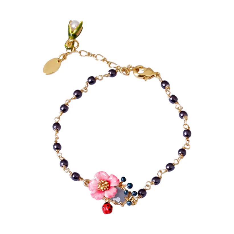 Розовое золото розовый цветок черный жемчужный браслет armbanden voor vrouwen Pulseira Feminina