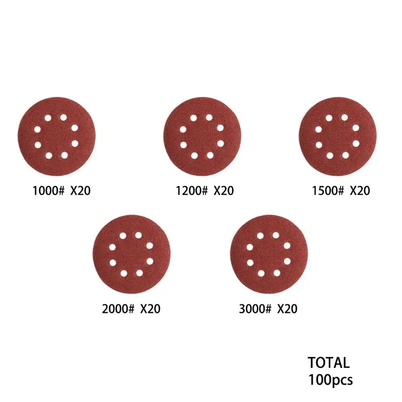 100 шт. 8 отверстий шлифовальные диски Крюк и петля 1000 1200 1500 2000 3000 абразивная пилка ассортимент для случайная орбитальная шлифовальная машина