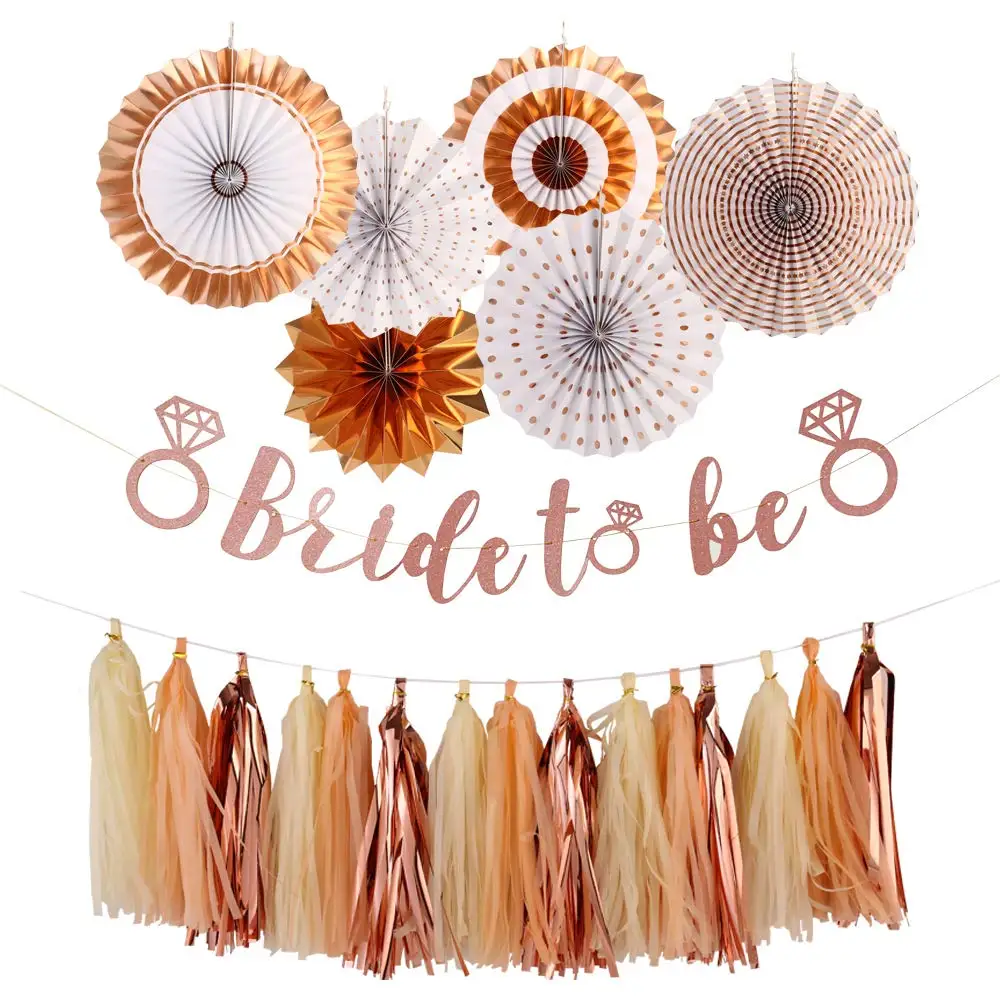 

Rose Gold Bride to be banner Tissue Paper Tassels Garland set Rose Gold Paper Fans Foil Hanging Fans Bachelorette Party Supplies