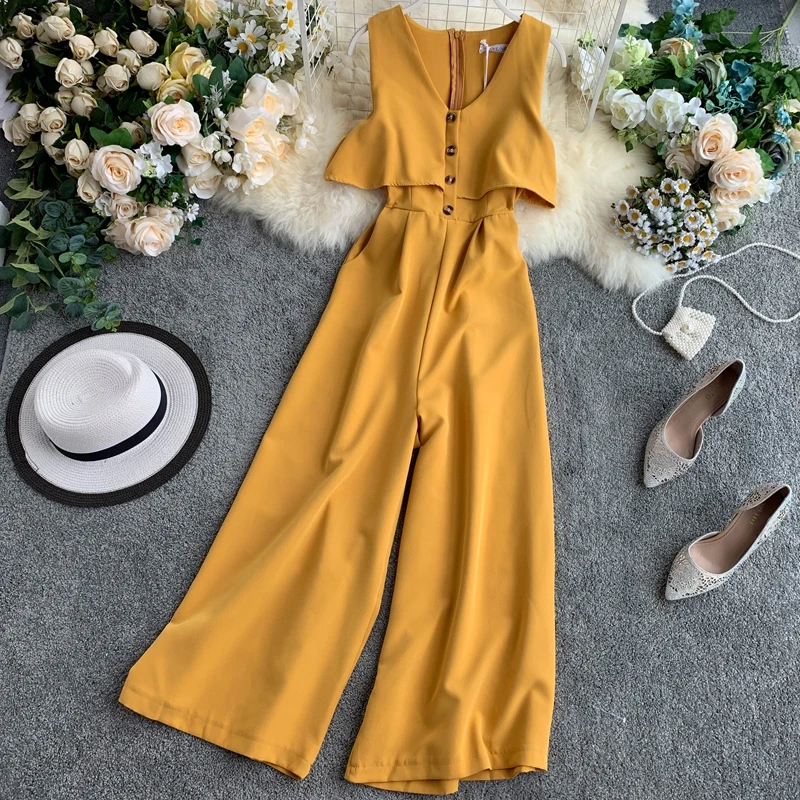 ALPHALMODA, летние новые женские комбинезоны, однобортные, без рукавов, женские облегающие комбинезоны, широкие, модные комбинезоны - Цвет: Цвет: желтый