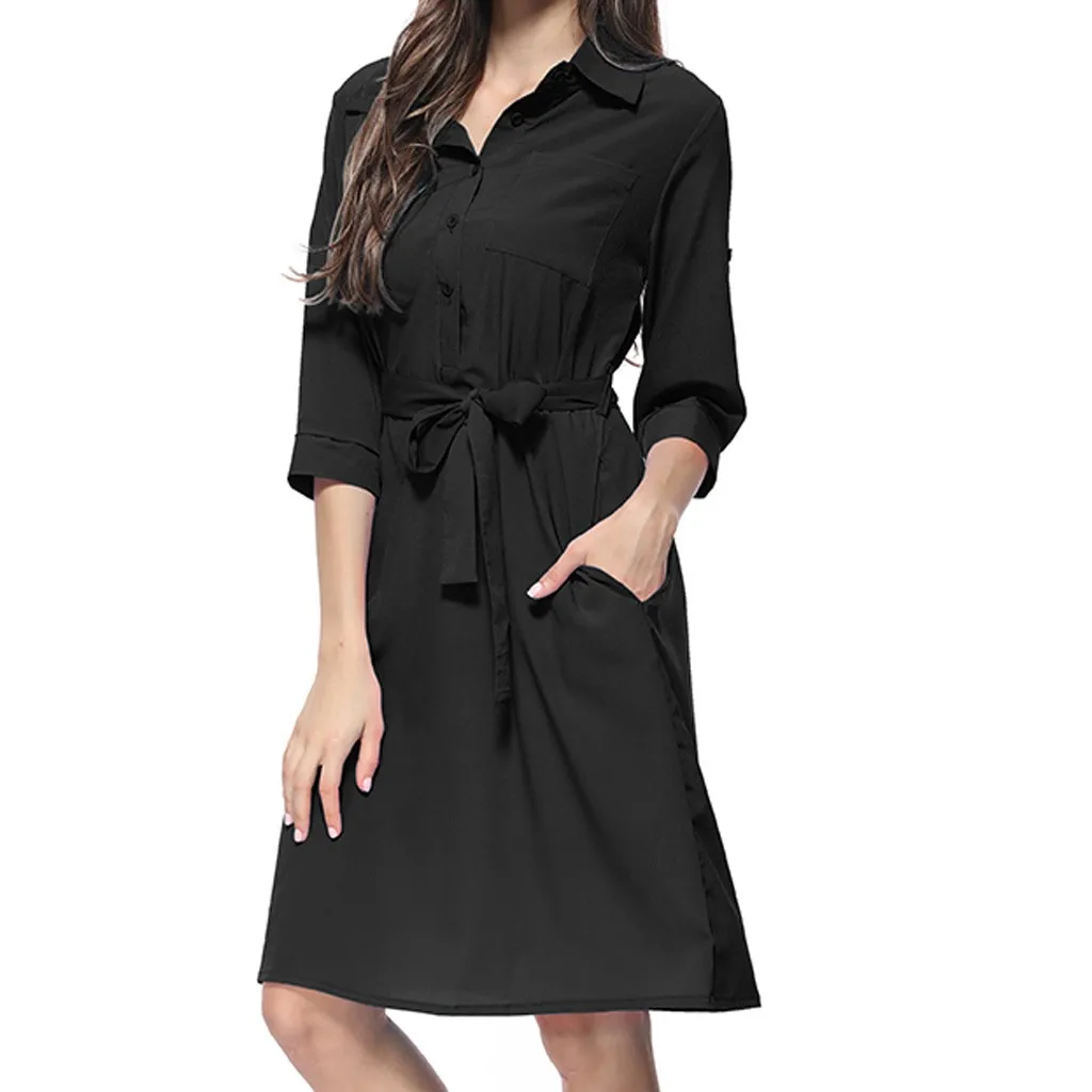 As the photo show Summer Dress Women Fashion Casual Solid Color Pockets Button Turn-down Collar Three Quarter Sleeve Knee Length Vestidos OY41 - Цвет: As the photo show