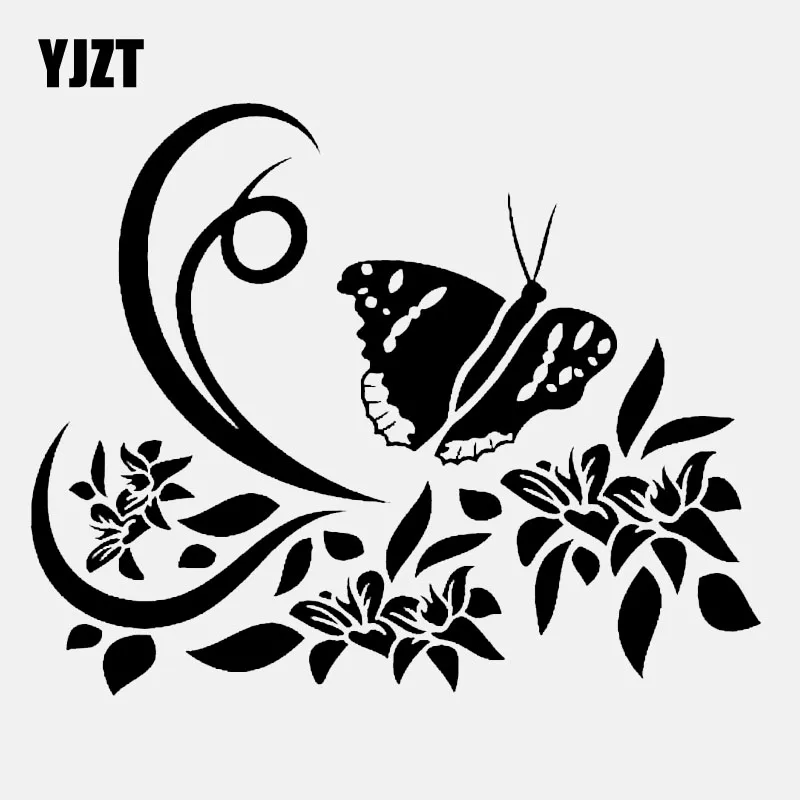 

YJZT 15CM*12.2CM Beautiful Flowers And Butterflies Car Sticker Vinyl Decoration Decal Decor Black/Silver C24-0174