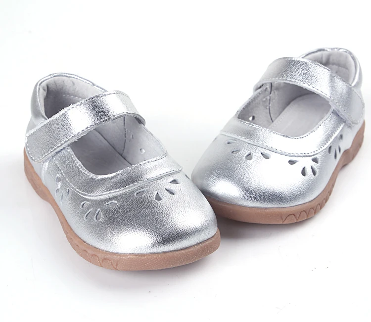 Обувь для девочек кожаная Серебристая Мэри Джейн мягкая малышей с цветочным