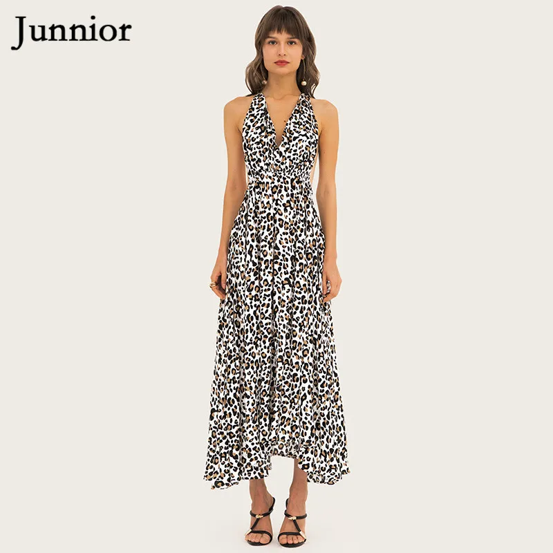 Junnior Винтаж Leopard платье с принтом для Для женщин открытой спиной и лямкой на шее