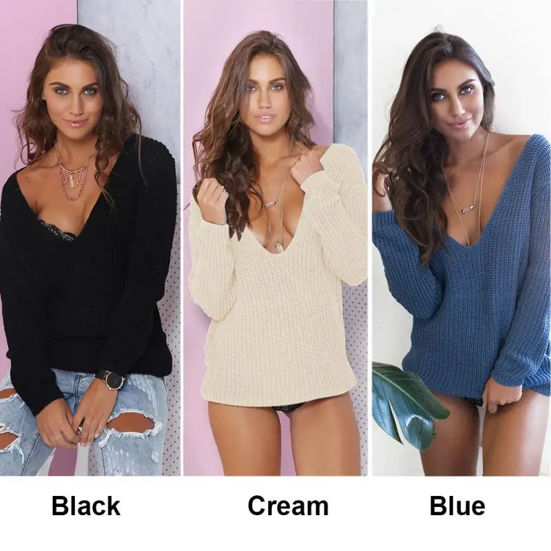 2018 Winter Fall Warm Sweater Coat Women Clothing Sexy Deep V-Neck Long Sleeve Fashion Casual Solid Sweaters Pullover |