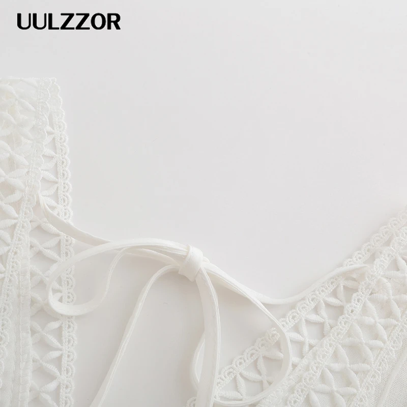 UULAAOR Fashion Ladies Lace Blouses Women Summer Long Sleeve Bandage Crop Tops Shirt Sexy Hollow-out Casual White Blouse |