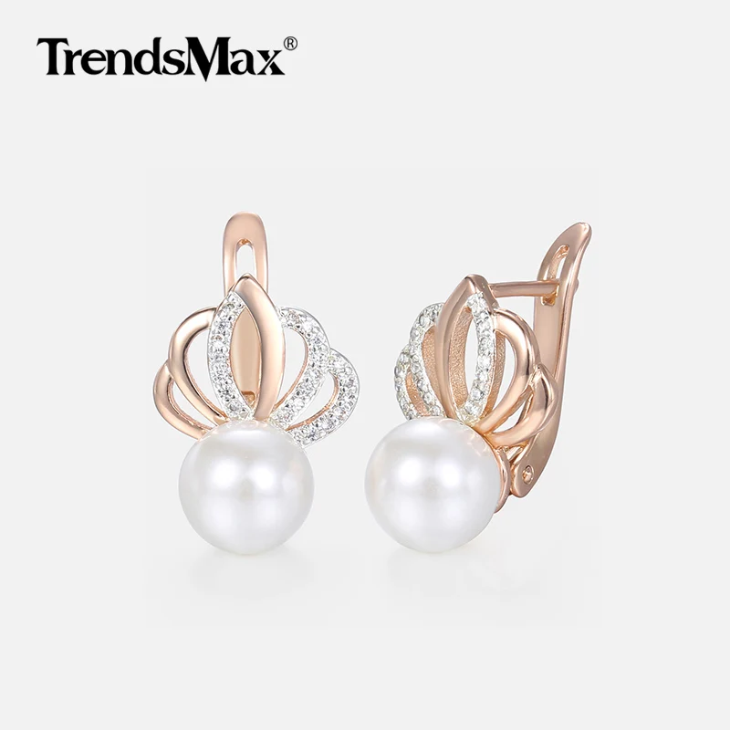 

Crown Shaped Pearl Earrings For Women Girls 585 Rose Gold Earrings Clear Cubic Zircon CZ Women's Jewelry Valentines Gifts KGE150