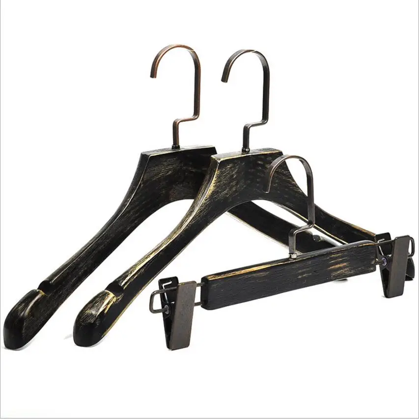 

Large Shouder Black Wooden Hanger Vintage Garment Hangers for Suit Luxury clothes Wooden Pants Hanger with Two Black Metal Clips