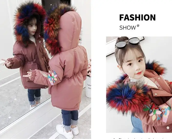 

Rlyaeiz Winter Jackets For Girls 2018 Fashion Warm Thick Girls Winter Coat High Quality Fur Collar Embroidery Sleeve Parka Coats
