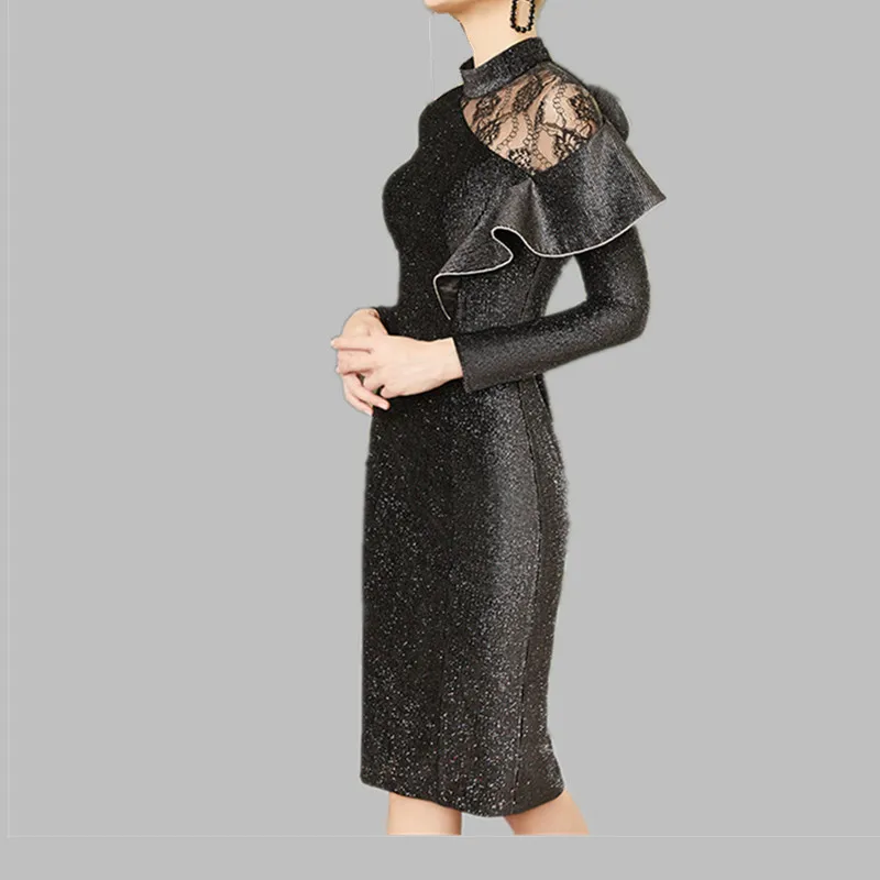 HAMALIEL Noble Women's Party Dress Winter Spring Runway Black Patchwork Lace Ruffels Pencil Vintage Lady Bodycon | Женская одежда