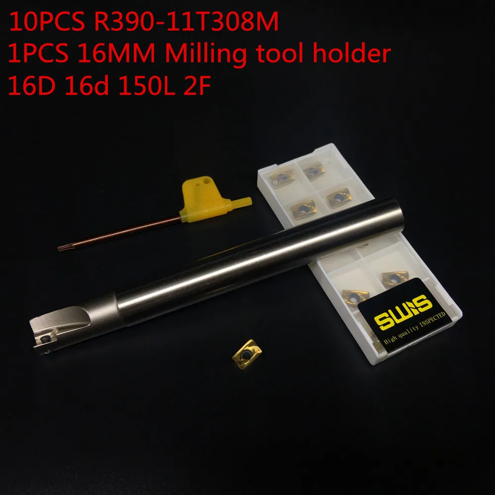 

10PCS R390 11T308M + 1PCS D16mm Milling tool holder Carbide Insert cnc tools milling cutter face milling R390-11T308