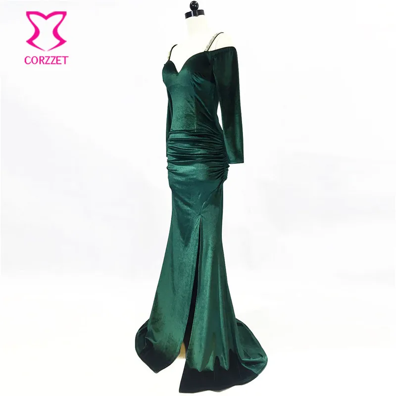 Зеленые бархатные стразы на бретельках с вырезом лодочкой и V образным Длинные