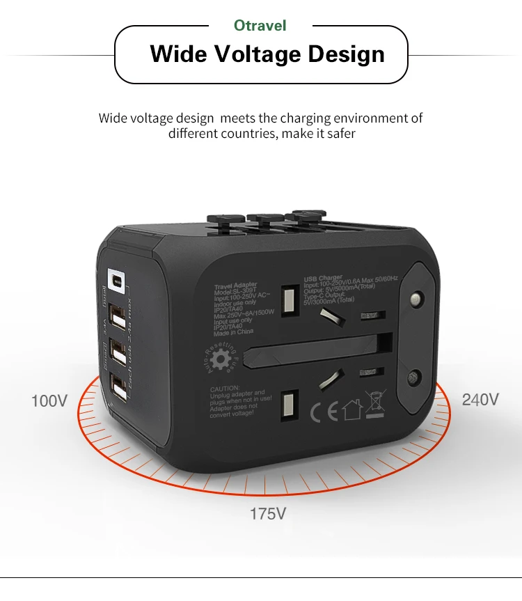 

5 Pcs Plug 309T Travel Adapter International Universal Power Adapter All-in-one 5V 2.4A USB Type-c US UK EU AU Asia USB Charger