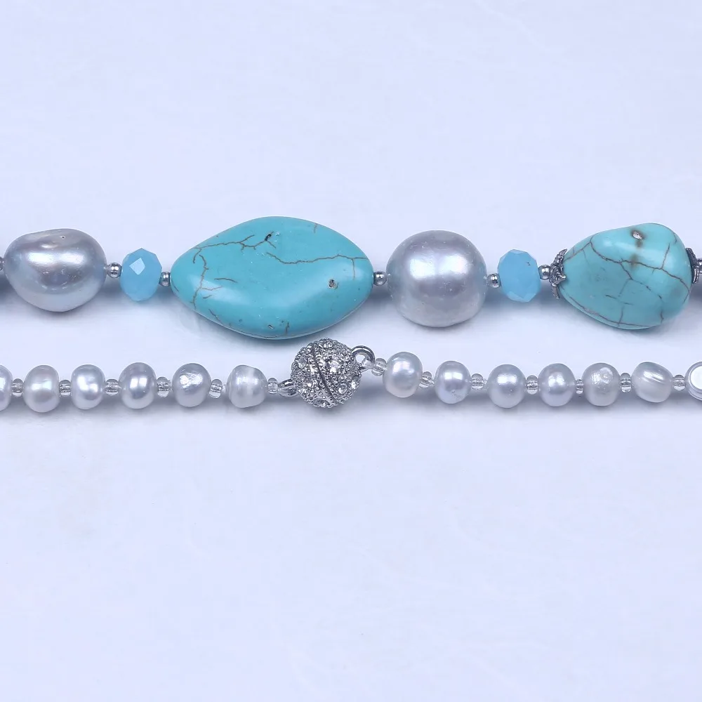 New Arrived Natural Blue Stone Baroque Shape Freshwater Pearl Long Jewelry With Rhinestone Clasp Bead Strand Necklace | Украшения и