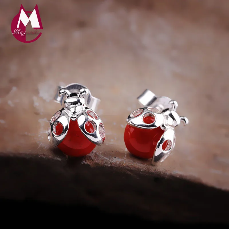 Серьги гвоздики &quotБожья коровка&quot семь пятен S925 ювелирные изделия серьги из