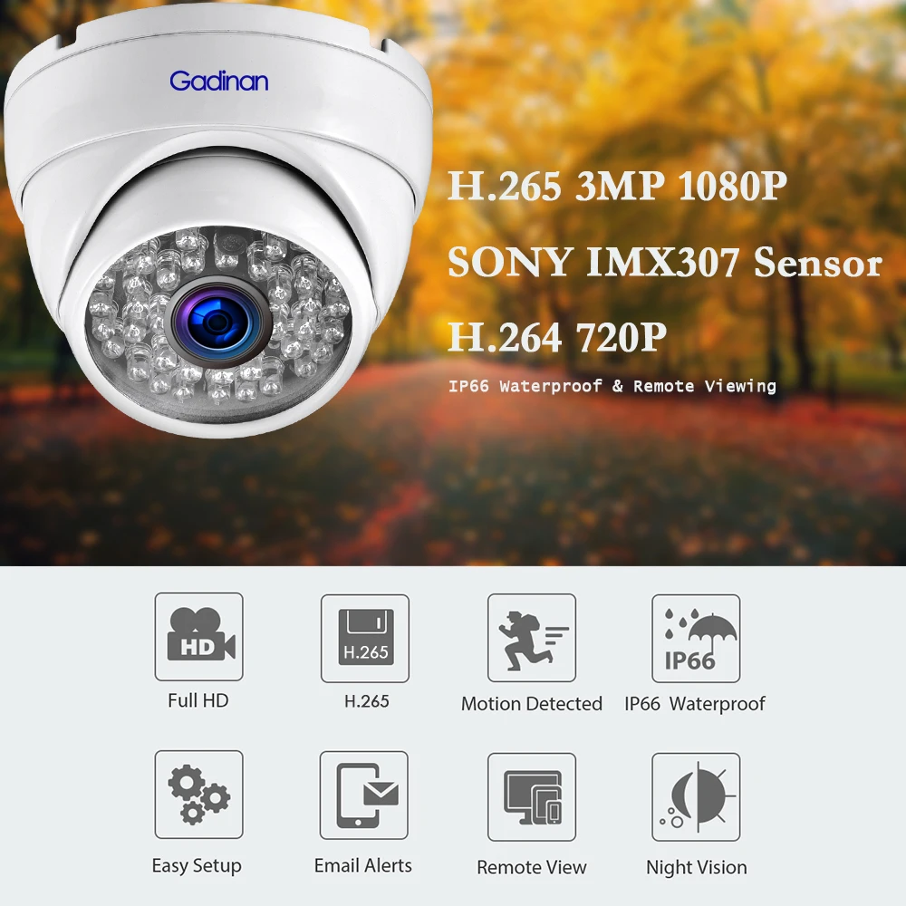 Gadinan IP камера 3MP 1080P H.265AI Антивандальная купольная камера 720P для наружного внутреннего наблюдения ONVIF 2,0 48V PoE CCTV