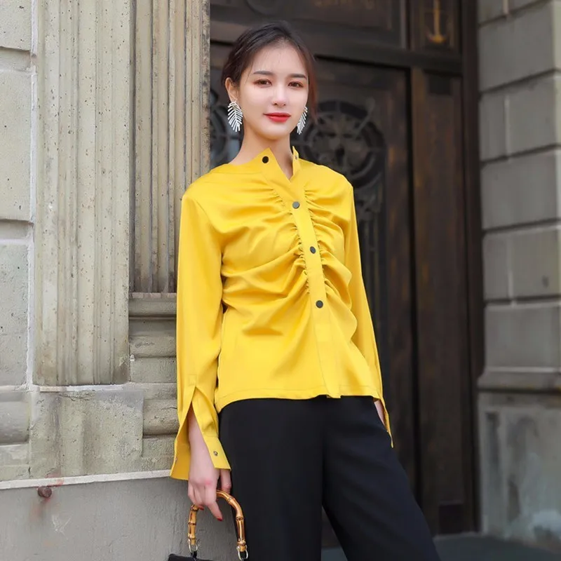 TWOTWINSTYLE Ruched рубашка Топ для Для женщин Однобортный желтого цвета с длинными
