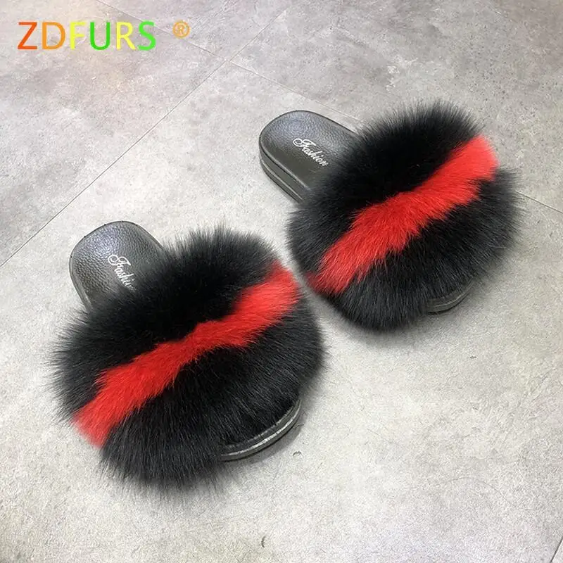 black red Лидер продаж; меховые тапочки; женские пушистые Ползунки с мехом; удобные летние туфли на плоской подошве; Милая женская обувь; модная подошва из ПВХ - Цвет: black red