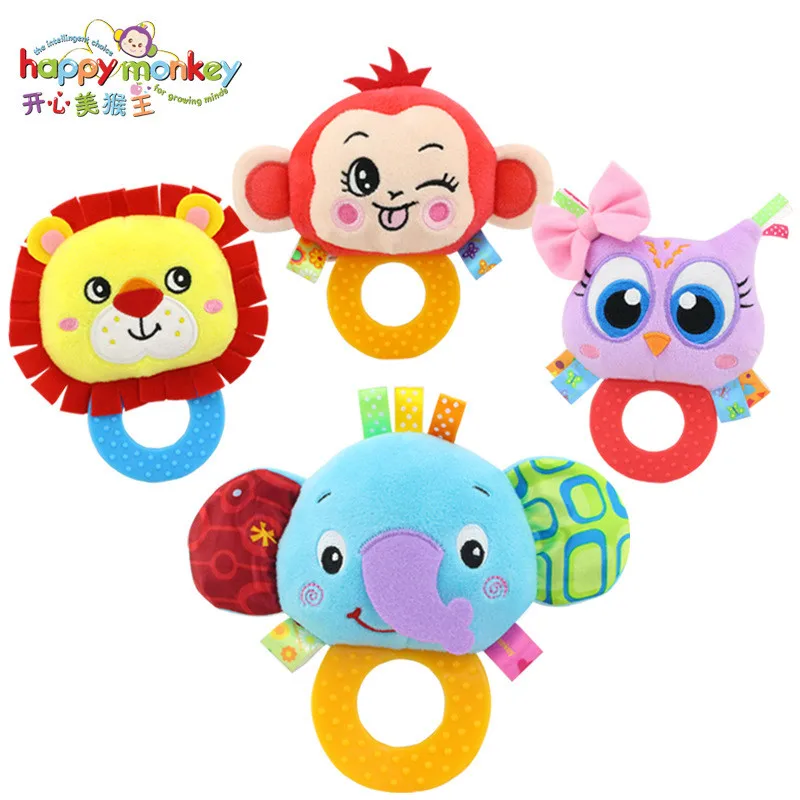 Happy monkey 3 шт./Партия Детские BB звуковые погремушки ручные удерживающие грызунки-погремушки детские колокольчики 0-1 Плюшевые игрушки животные погремушки случайная отправка