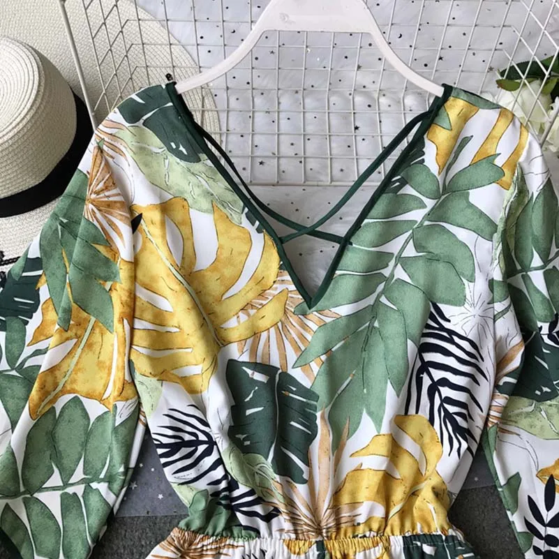 Boho короткий женский комбинезон, пляжный, v-образный вырез, открытая спина, Корейская Сексуальная Шифоновая туника с цветочным принтом размера плюс, летние женские комбинезоны, комбинезоны