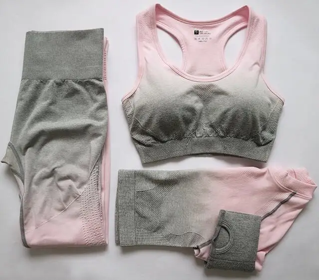 Pink Комплект из 3 предметов для йоги, бесшовные леггинсы с эффектом омбре, бюстгальтер, рубашка с длинным рукавом, укороченный Топ для женщин, спортивная одежда для бега, спортзала, спортивная одежда с высокой талией, спортивный костюм для фитнеса - Цвет: Pink