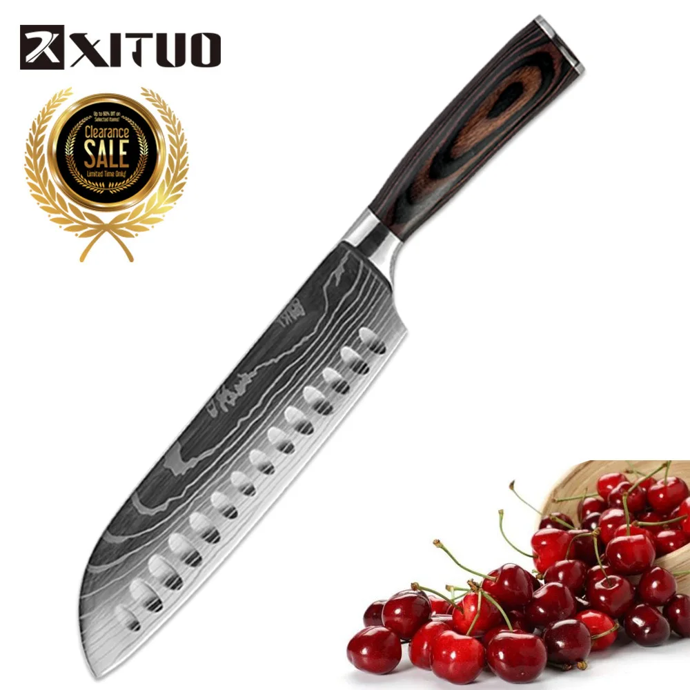 7 in santoku XITUO " Профессиональный кухонный нож шеф-повара, острый нож из нержавеющей стали, нож для резки, лазерный нож, дамасский узор, инструмент для овощей Santoku - Цвет: 7 in santoku