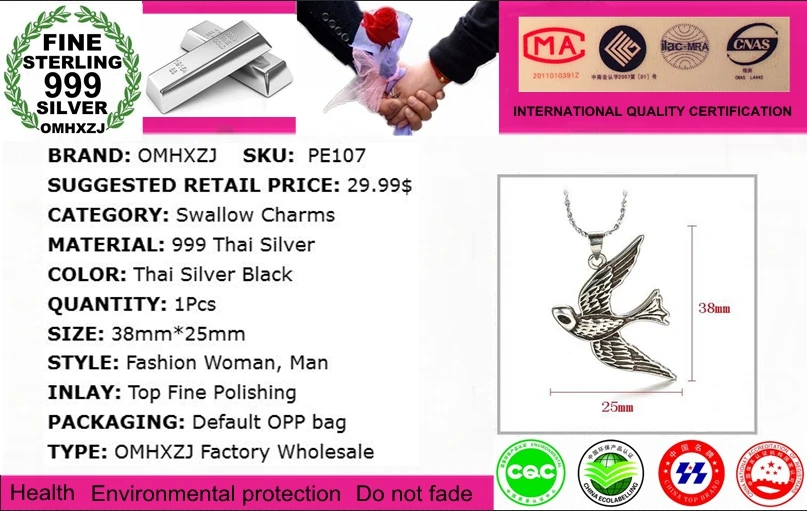 OMHXZJ Wholesale Fashion Vintage Swallow Woman Man 925 Sterling Silver Thai Black Pendant Charms PE107 NO Chain Necklace | Украшения и