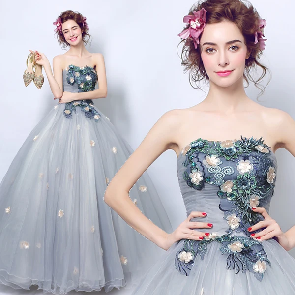 

2017 new arrival stock maternity plus size bridal gown pregnant evening dress ball gown sexy Grey Strapless Flower Princess 3206
