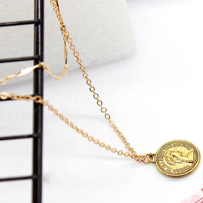 

Simple New Design Round Carved Coin Long Chain Necklace Women Double Layered Statement Necklaces