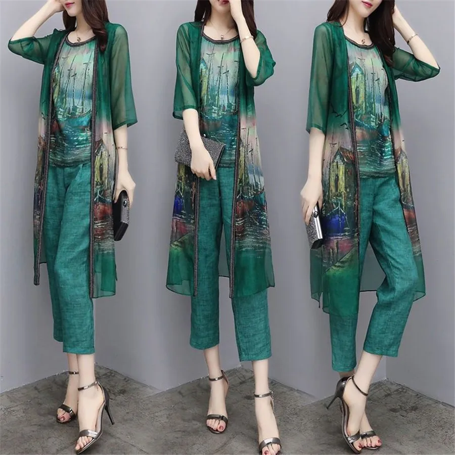 Largr Big Size Cardigan 3 Piece Set Women Chiffon Ensemble Femme Deux Pieces Trousers Suit Conjunto Feminino Women's Tracksuit |