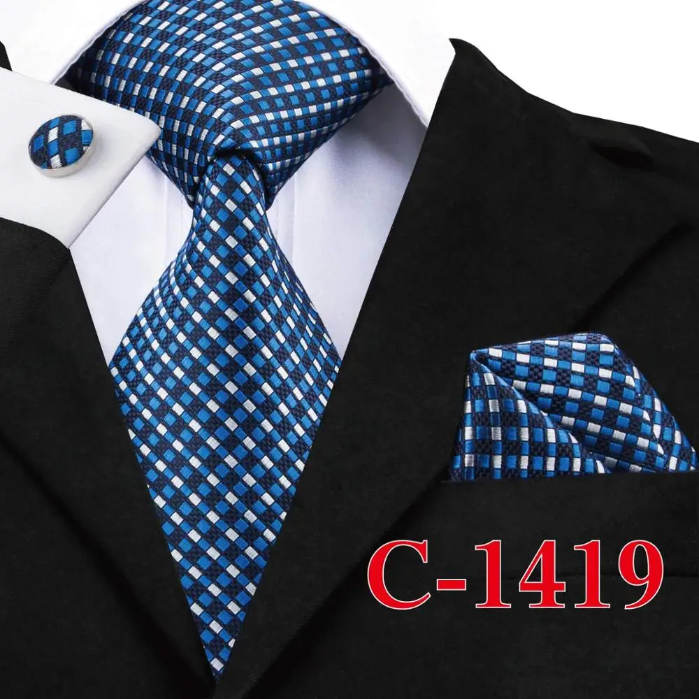 Hi-Tie, мужские галстуки, серый, красный, зеленый, в горошек, галстук, набор, в клетку, шелковый галстук, карман, квадратные запонки, набор, новая мода, мужские галстуки, деловые C-466 - Цвет: C-1419