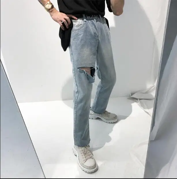 

S-XL! Мужские винтажные джинсы, синие прямые джинсы с прорезями, 2018