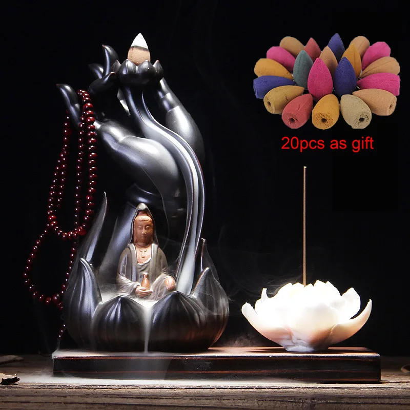 Colorful Guanyin Будда ручной гуаньинь обратного потока ладан горелка+ 20 шт. благовоний конусов керамический держатель курильница дым домашний декор дропшиппинг - Цвет: Colorful Guanyin
