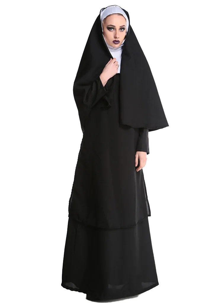 

Black Nun Costume Virgin Mary Nuns Uniform For Adult Women Halloween Party Cosplay Arabic Religion Monk Ghost Clothing
