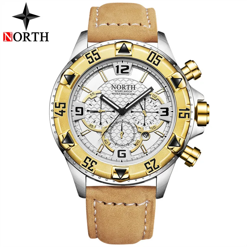 Мужские часы NORTH Brand мужские спортивные часы с хронографом Мужские кварцевые часы повседневные военные водонепроницаемые наручные часы relogio masculino - Цвет: Silver Gold