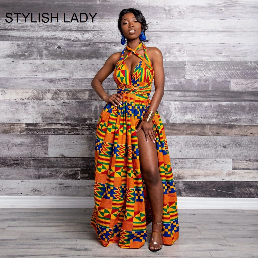 

STYLISH LADY Dashiki Printed African Dress Women 2019 Summer Bandage Irregular Bazin Riche Clothes Split Long Africa Dress