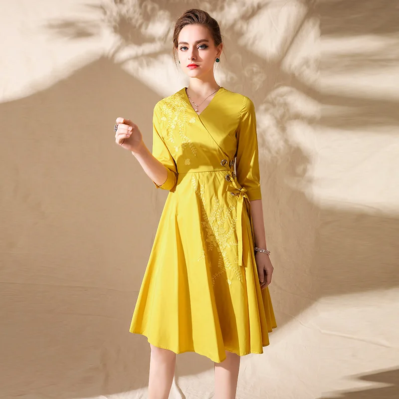 2018 элегантные весенние V_neck платье с вышивкой для Для женщин Горячая Мода