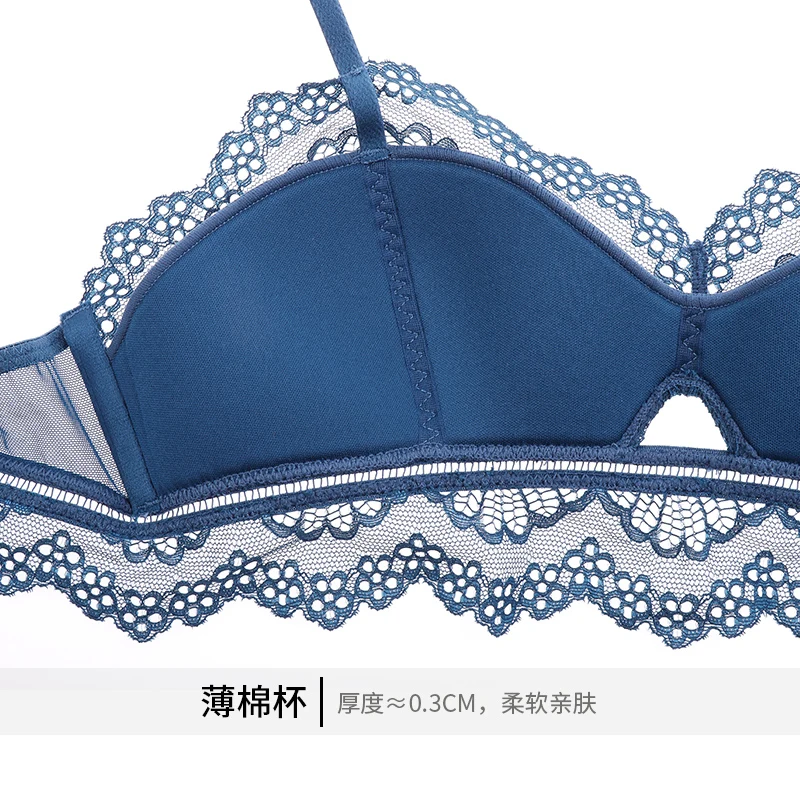 Sexy lace thin cotton cup bra without rims beauty back gathered underwear panties suit |