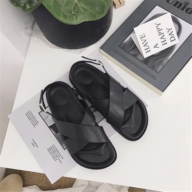 Новинка года; Sandalias Mujer; Новое поступление; классические удобные босоножки на платформе черного и телесного цвета; женская обувь на плоской подошве; женская обувь на резиновой подошве - Цвет: Черный