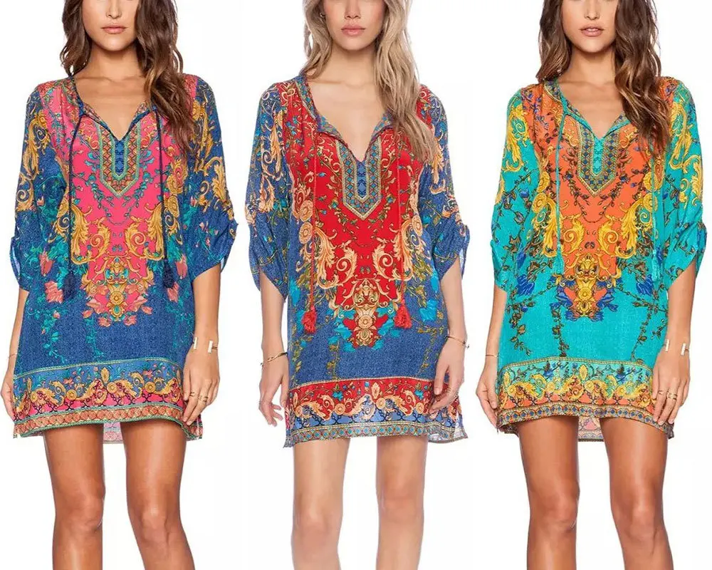 Женское винтажное платье в этническом стиле богемное летнее с галстуком