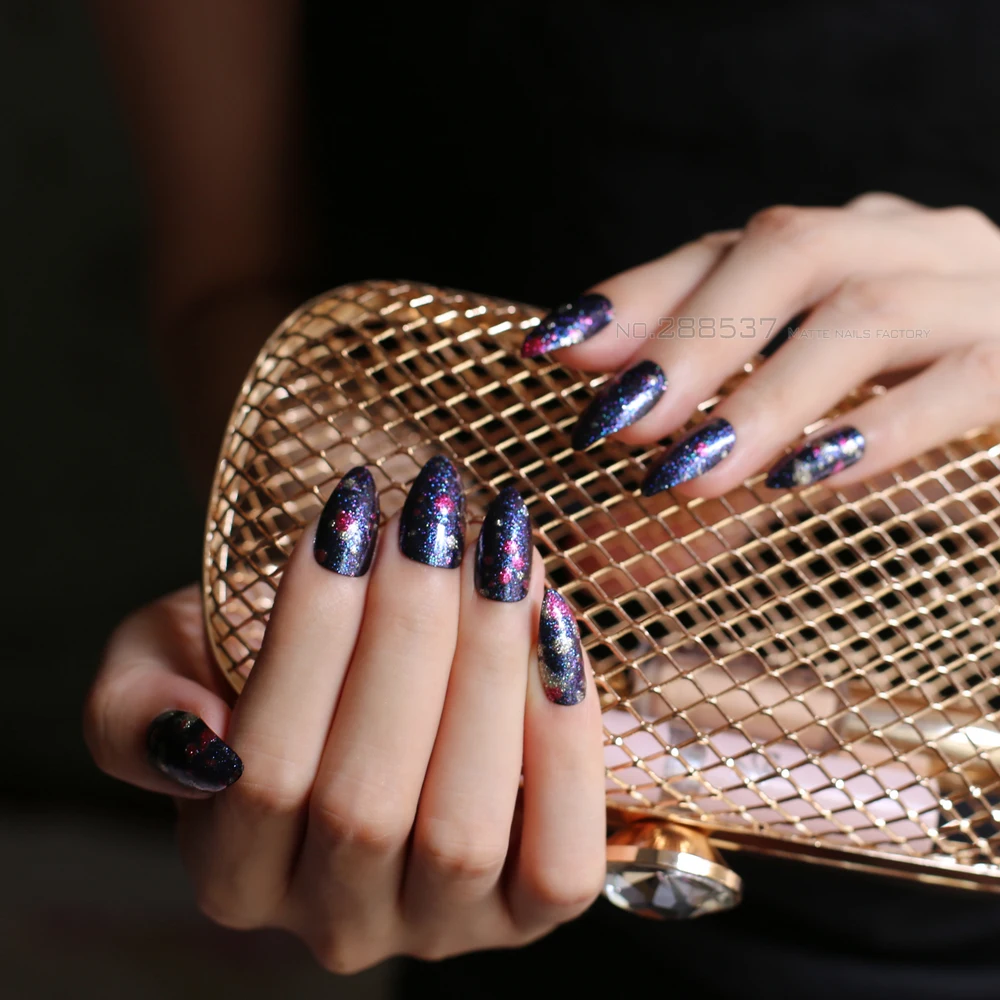 Красный синий вспышка 24 шт полный набор градиентные острые накладные ногти искусство, повседневные блестящие граффити накладные ногти острые накладные ногти крутые