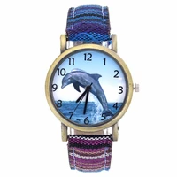 dolphin pattern ocean aquarium fish fashion casual men women canvas cloth strap sport analog quartz watch