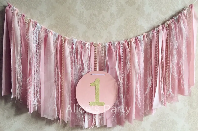 Pale Pink Chiffon Lace banner hot 1st Birthday party garland baby shower Bling one bunting girl first Wedding decorations | Дом и сад