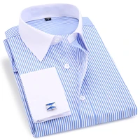 new2021 high quality striped for men french cufflinks casual dress shirts long sleeved white collar design wedding tuxedo shirt